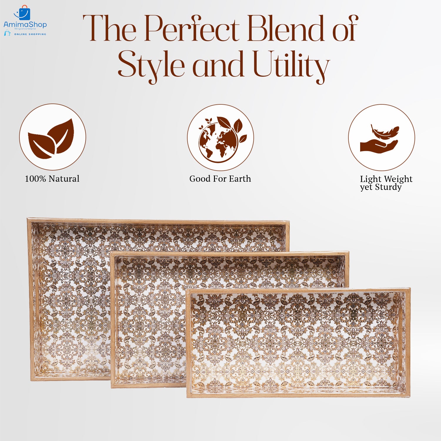 Gold Set of 3 Rectangular Wooden Serving Trays 16", 14", 12"