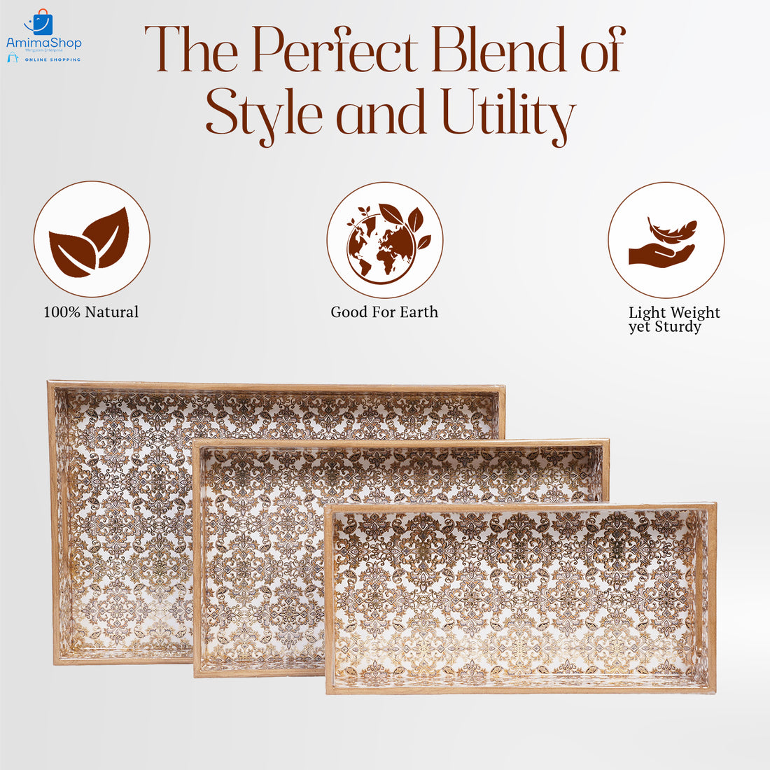 Amimashop® Gold Set of 3 Rectangular Wooden Serving Trays 16", 14", 12"