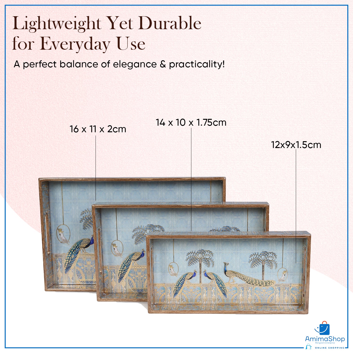 Amimashop® Peacock Set of 3 Rectangular Wooden Serving Trays 16", 14", 12"