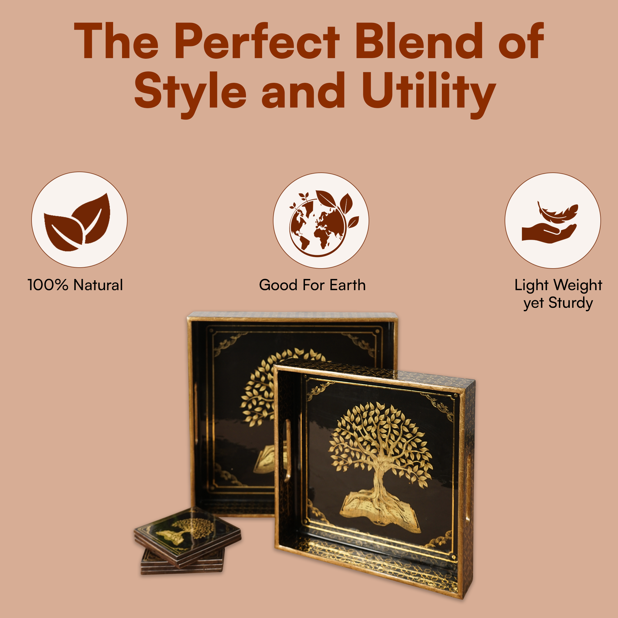 Black Set of 2 Wooden Serving Trays with Coasters 12"& 14"