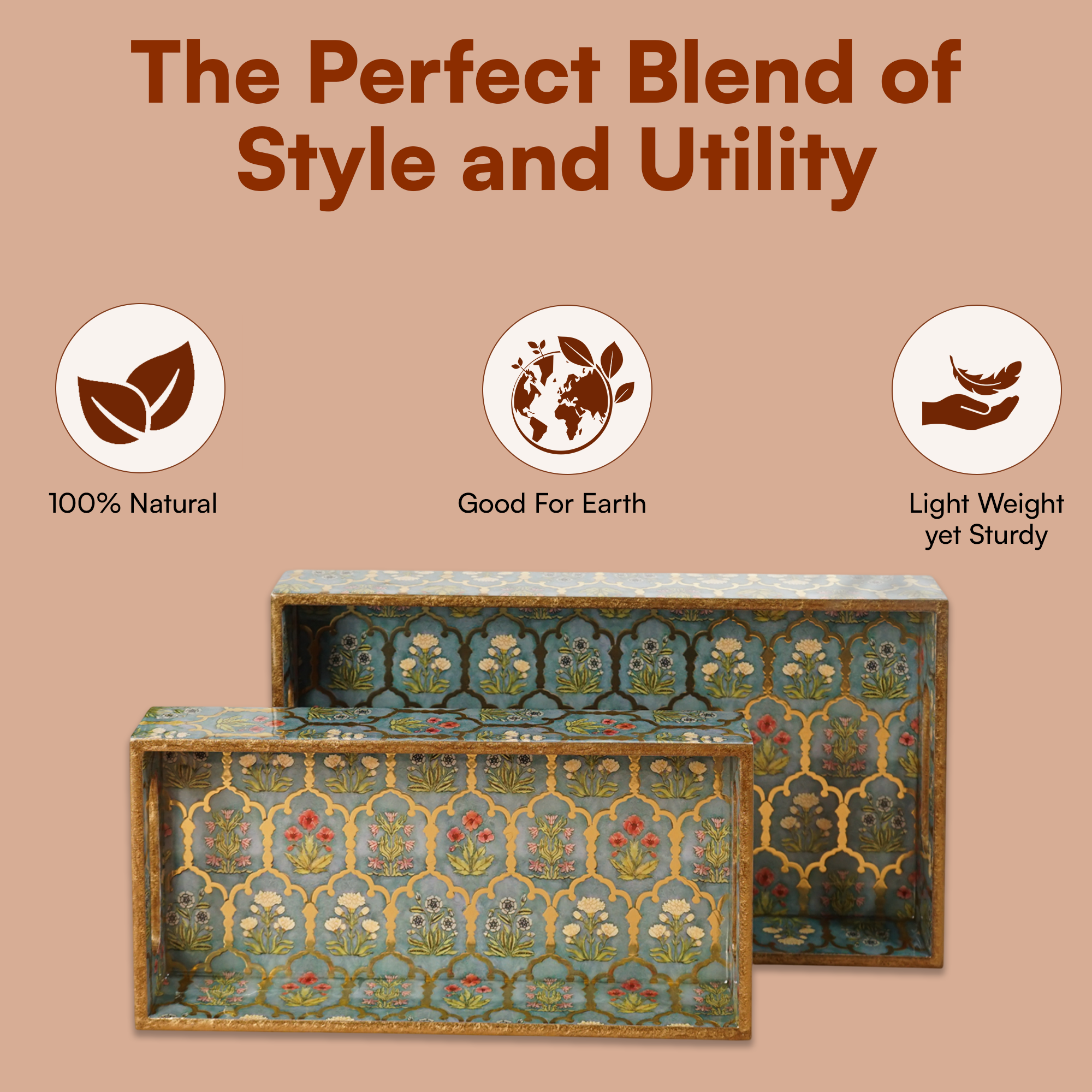 Green Flower Set of 2 Wooden Serving Trays (12" & 14") | Premium Rectangular Mango Wood Trays for Kitchen, Dining, Tea/Coffee & Breakfast | Handcrafted Decorative Wooden Tray Set for Home & Gifts