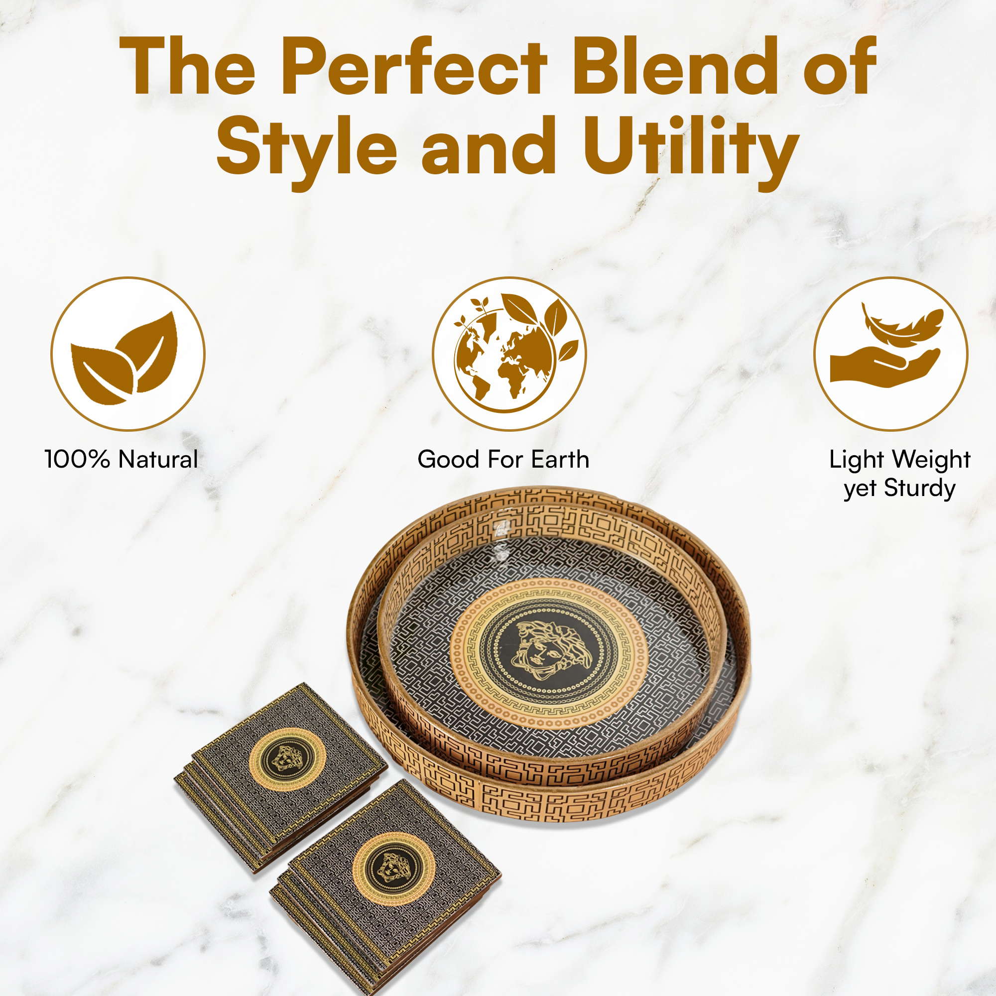 Orange Black Set of 2 Wooden Serving Trays with Coasters 12"& 14"