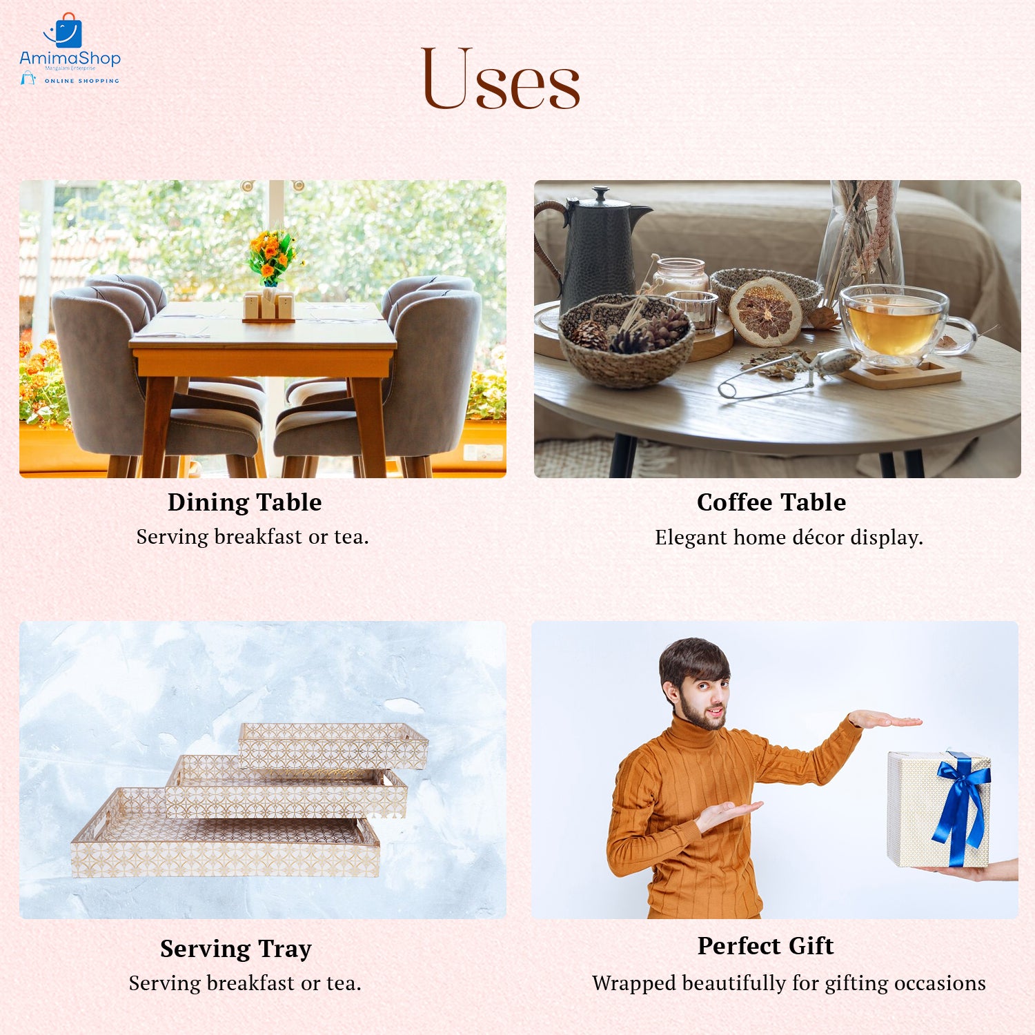 Gold Design Set of 3 Rectangular Wooden Serving Trays 16", 14", 12"