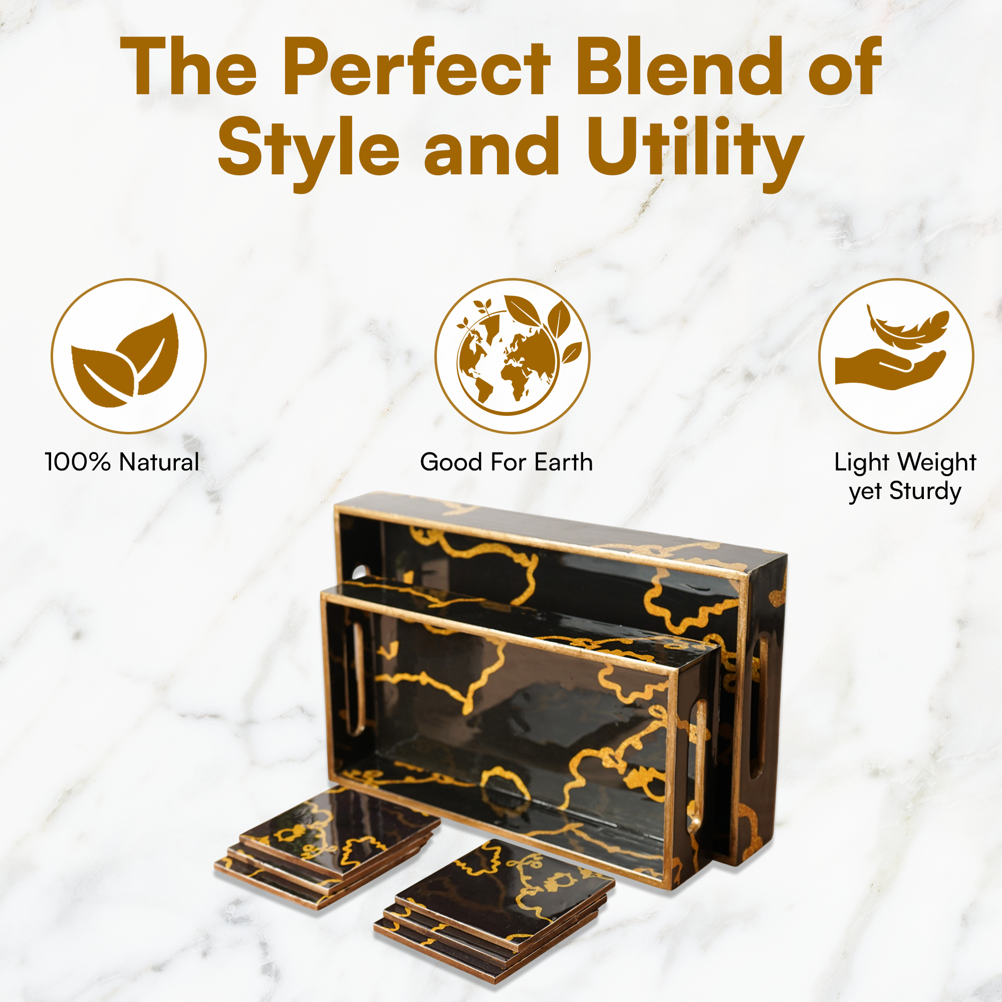 Mini Black Set of 2 Wooden Serving Trays with Coasters 12"& 14"