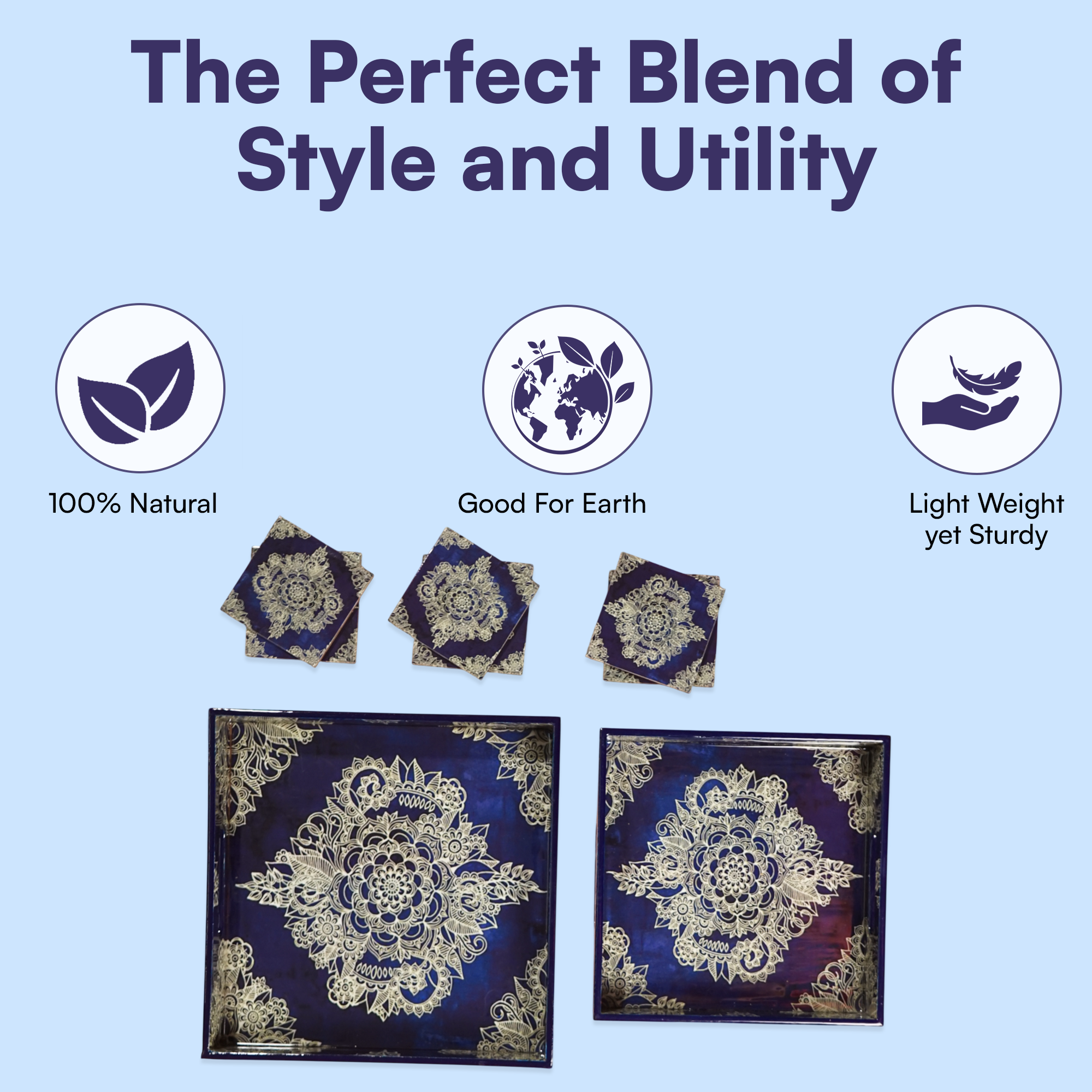 Magenta Set of 2 Wooden Serving Trays with Coasters 12"& 14"