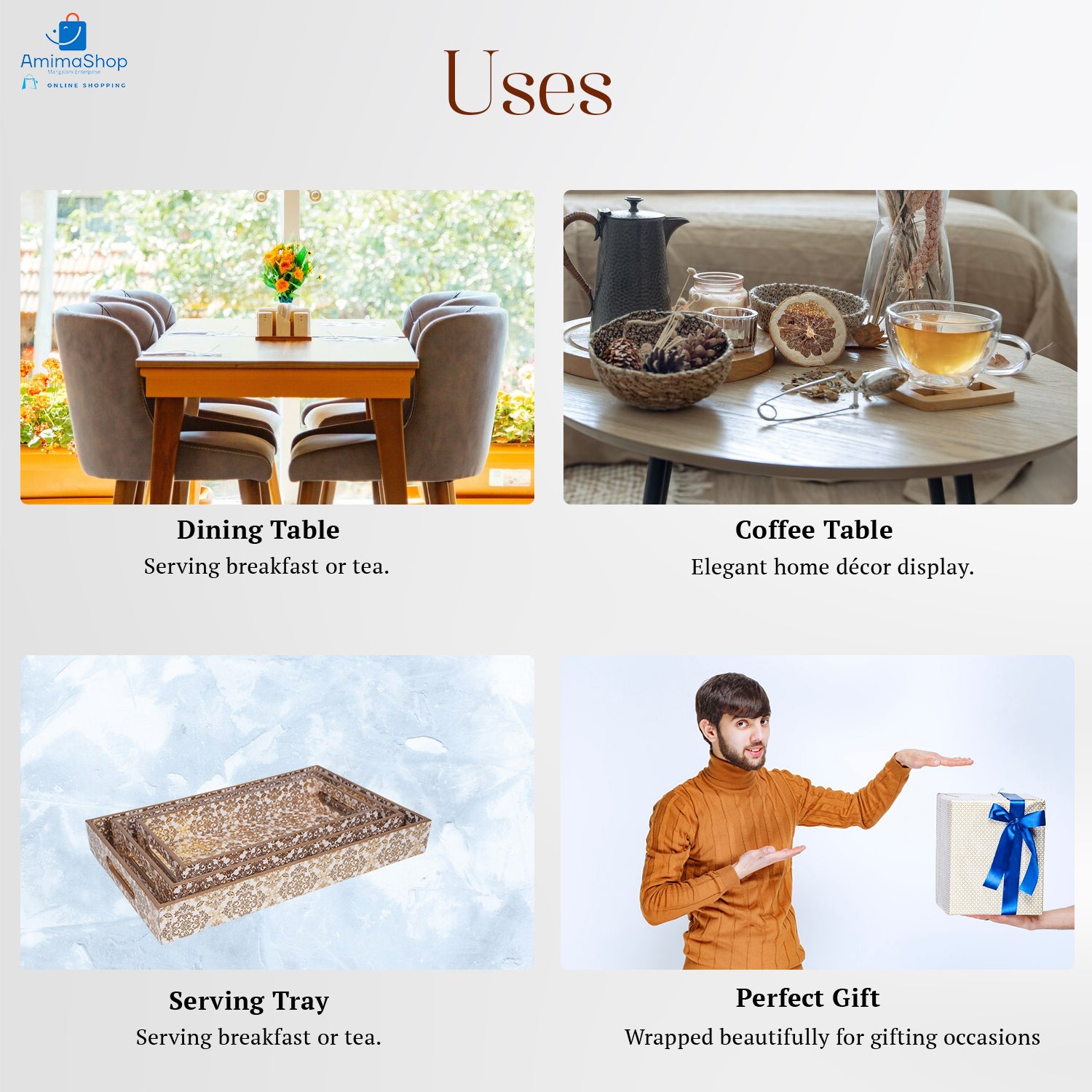 Gold Set of 3 Rectangular Wooden Serving Trays 16", 14", 12"