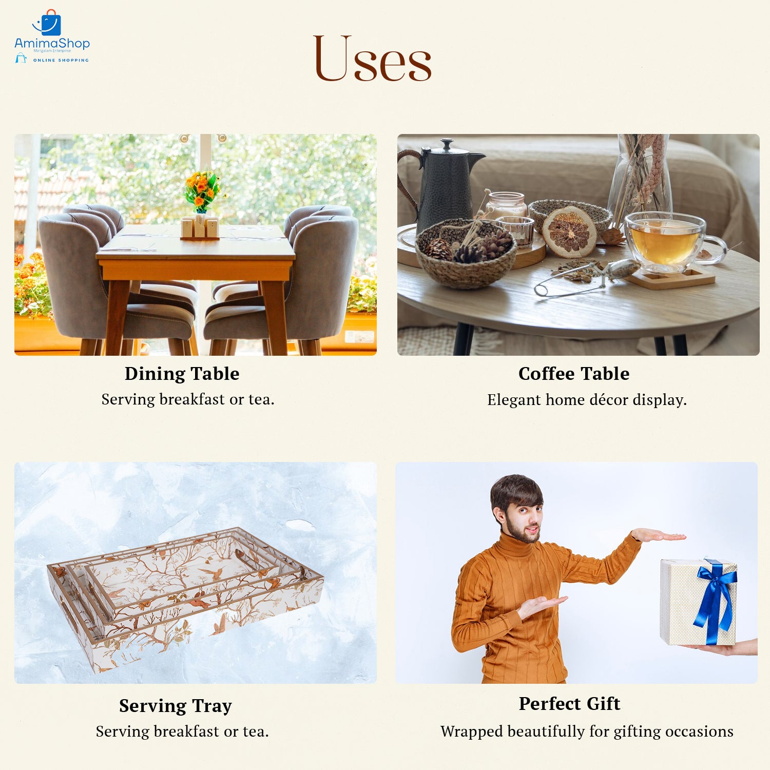 Off White Set of 3 Rectangular Wooden Serving Trays 16", 14", 12"