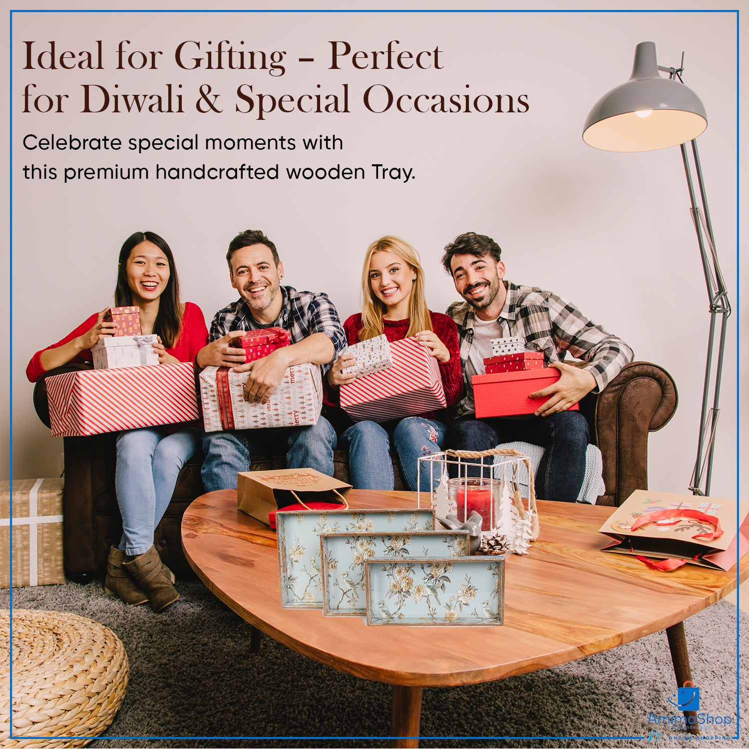 Light Green Set of 3 Rectangular Wooden Serving Trays 16", 14", 12"