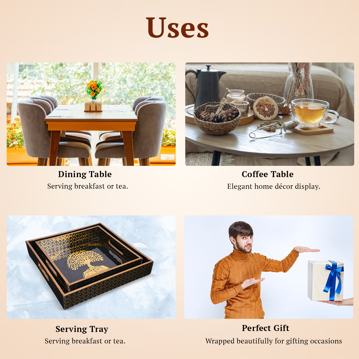 BLACK Set of 2 Wooden Serving Trays (12" & 10") | Premium Rectangular Mango Wood Trays for Kitchen, Dining, Tea/Coffee & Breakfast | Handcrafted Decorative Wooden Tray Set for Home & Gift