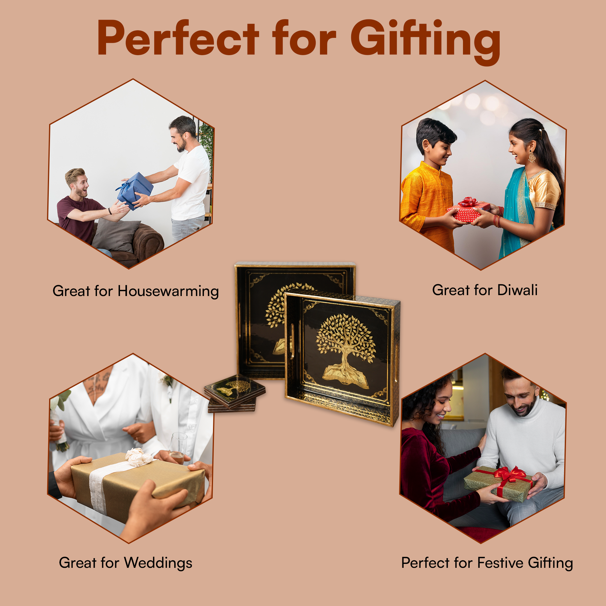 Black Set of 2 Wooden Serving Trays with Coasters 12"& 14"