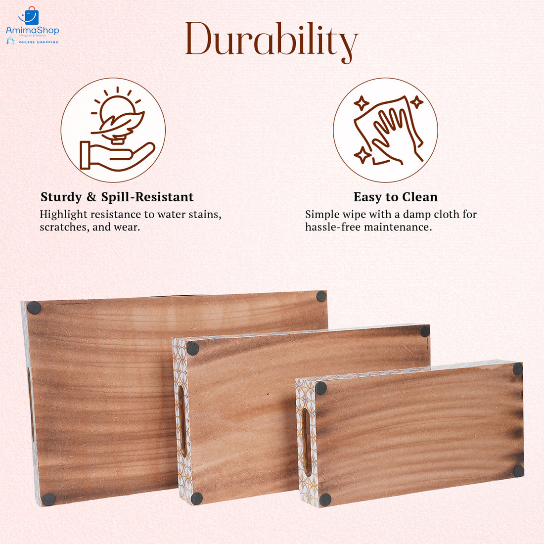 Amimashop® Gold Design Set of 3 Rectangular Wooden Serving Trays 16", 14", 12"