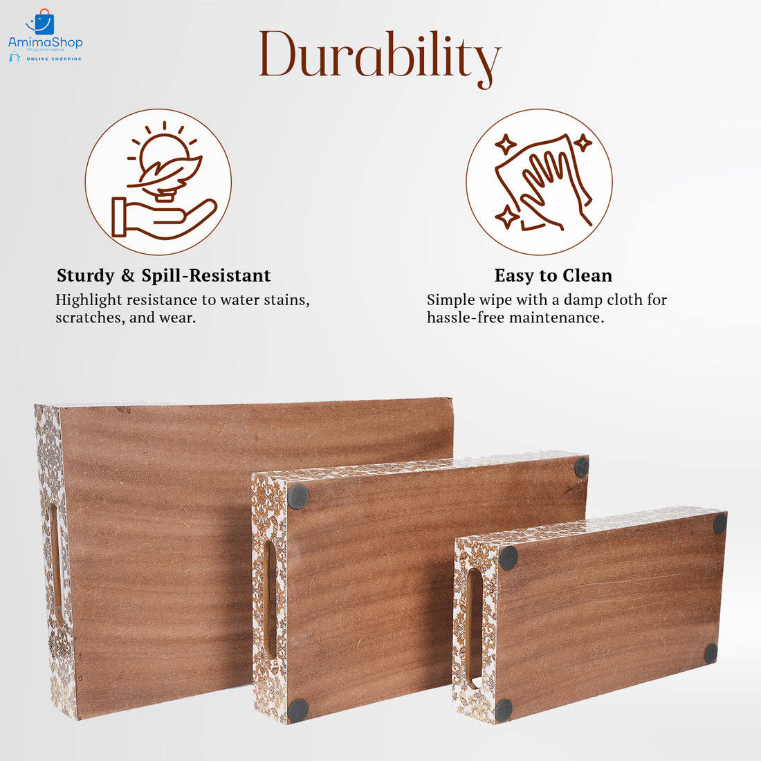 Amimashop® Gold Set of 3 Rectangular Wooden Serving Trays 16", 14", 12"