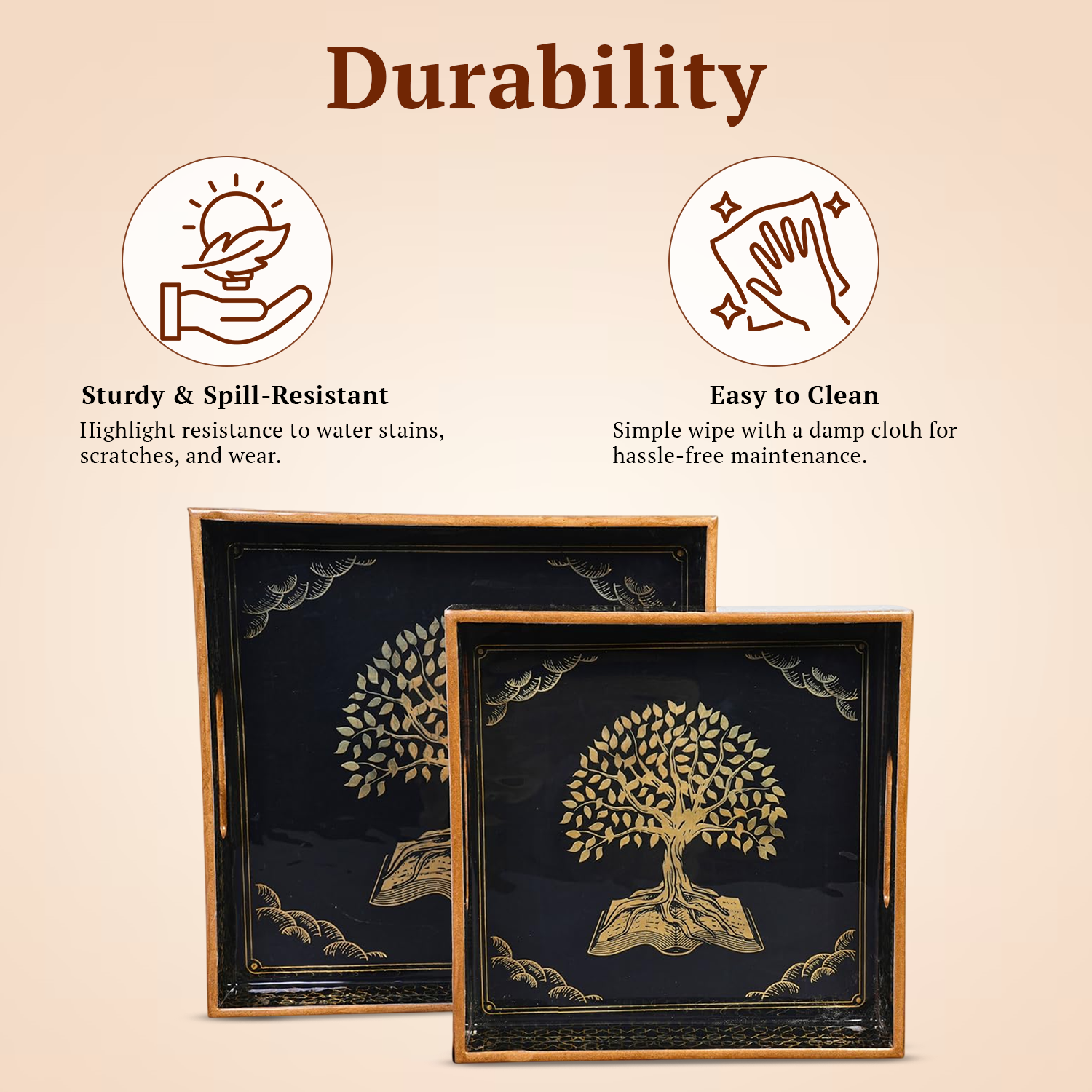 BLACK Set of 2 Wooden Serving Trays (12" & 10") | Premium Rectangular Mango Wood Trays for Kitchen, Dining, Tea/Coffee & Breakfast | Handcrafted Decorative Wooden Tray Set for Home & Gift