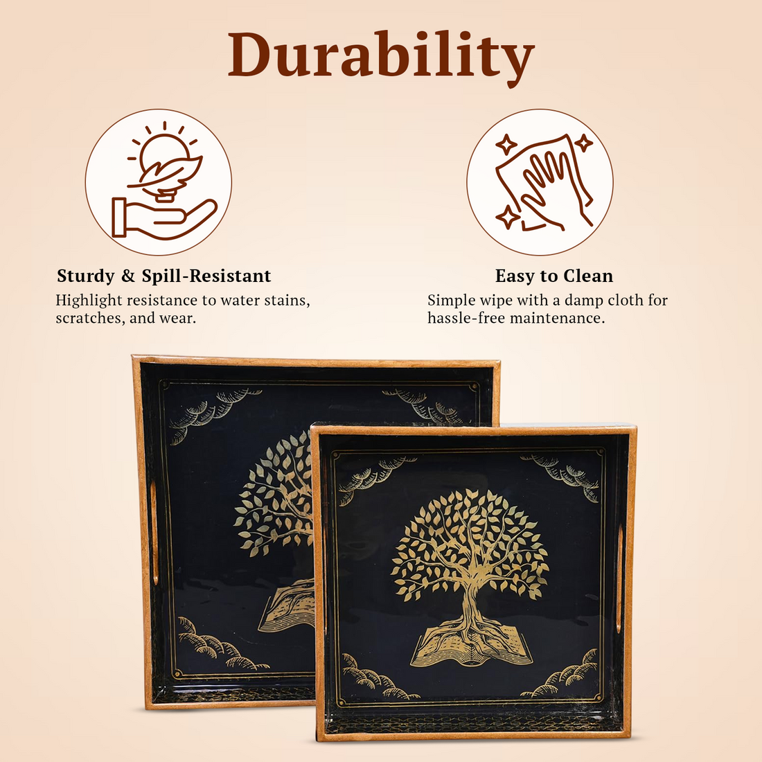 Amimashop® Black Tree Set of 2 Wooden Serving Trays 12"& 14"