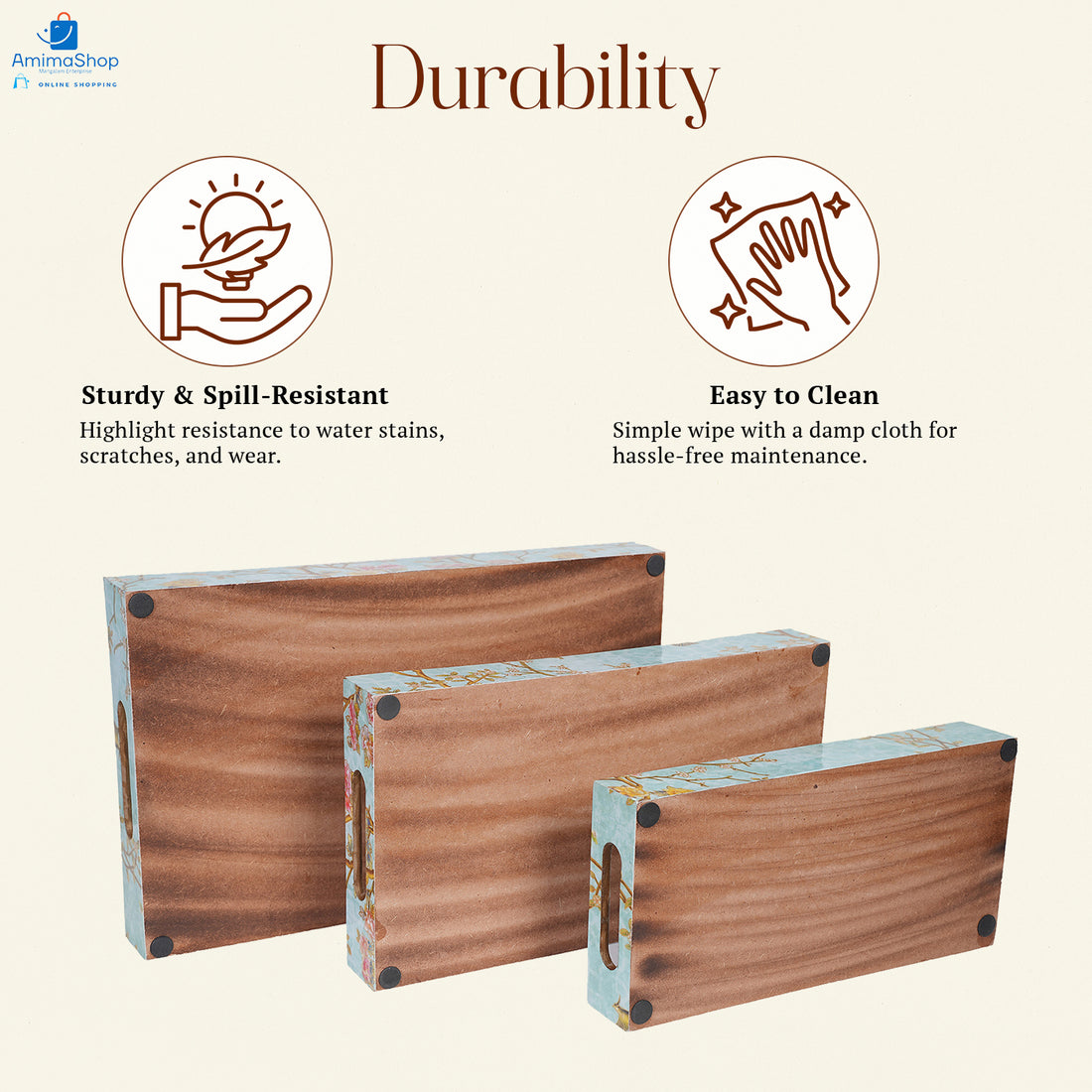 Amimashop® Green Set of 3 Rectangular Wooden Serving Trays 16", 14", 12"