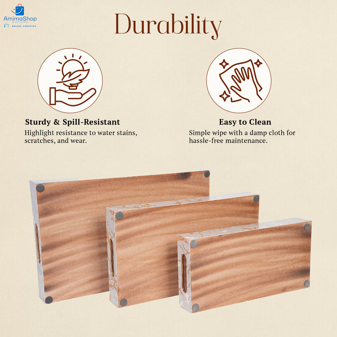 Amimashop® Grey Set of 3 Rectangular Wooden Serving Trays 16", 14", 12"