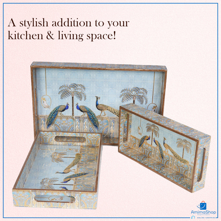Amimashop® Peacock Set of 3 Rectangular Wooden Serving Trays 16", 14", 12"