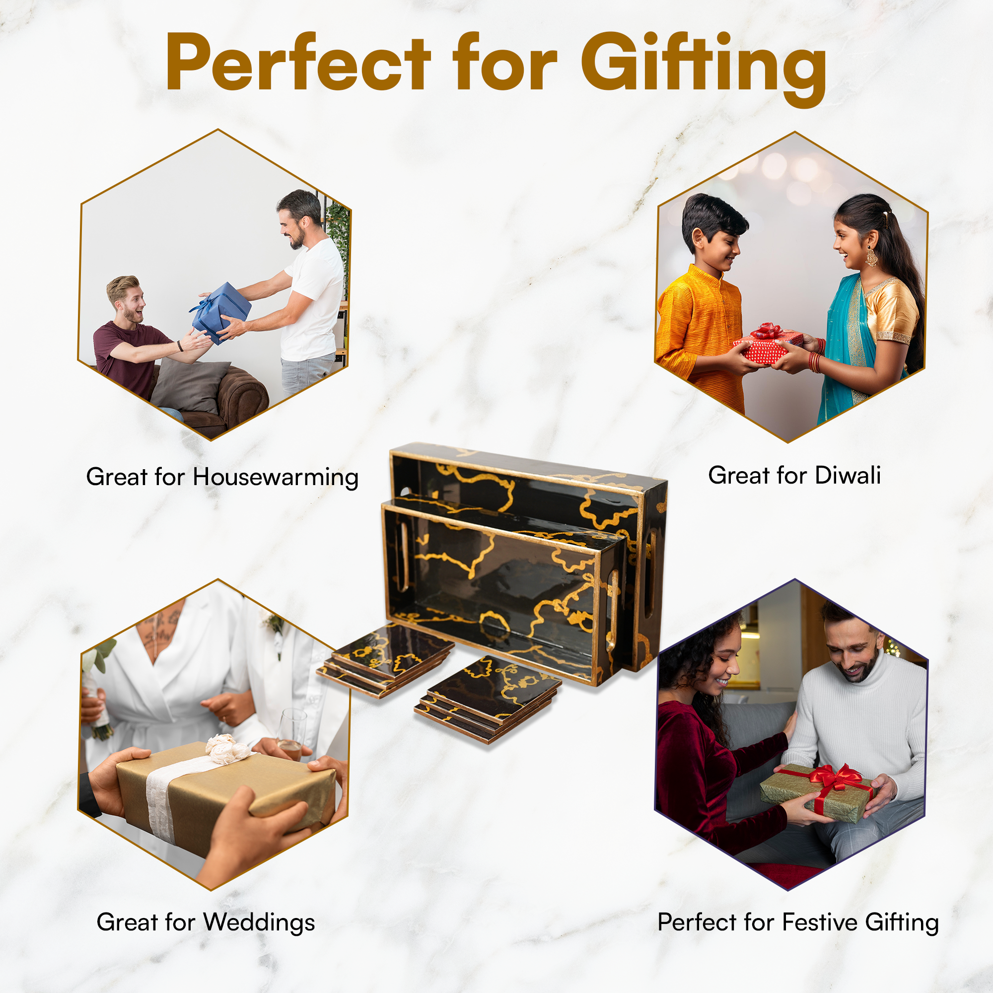 Mini Black Set of 2 Wooden Serving Trays with Coasters 12"& 14"