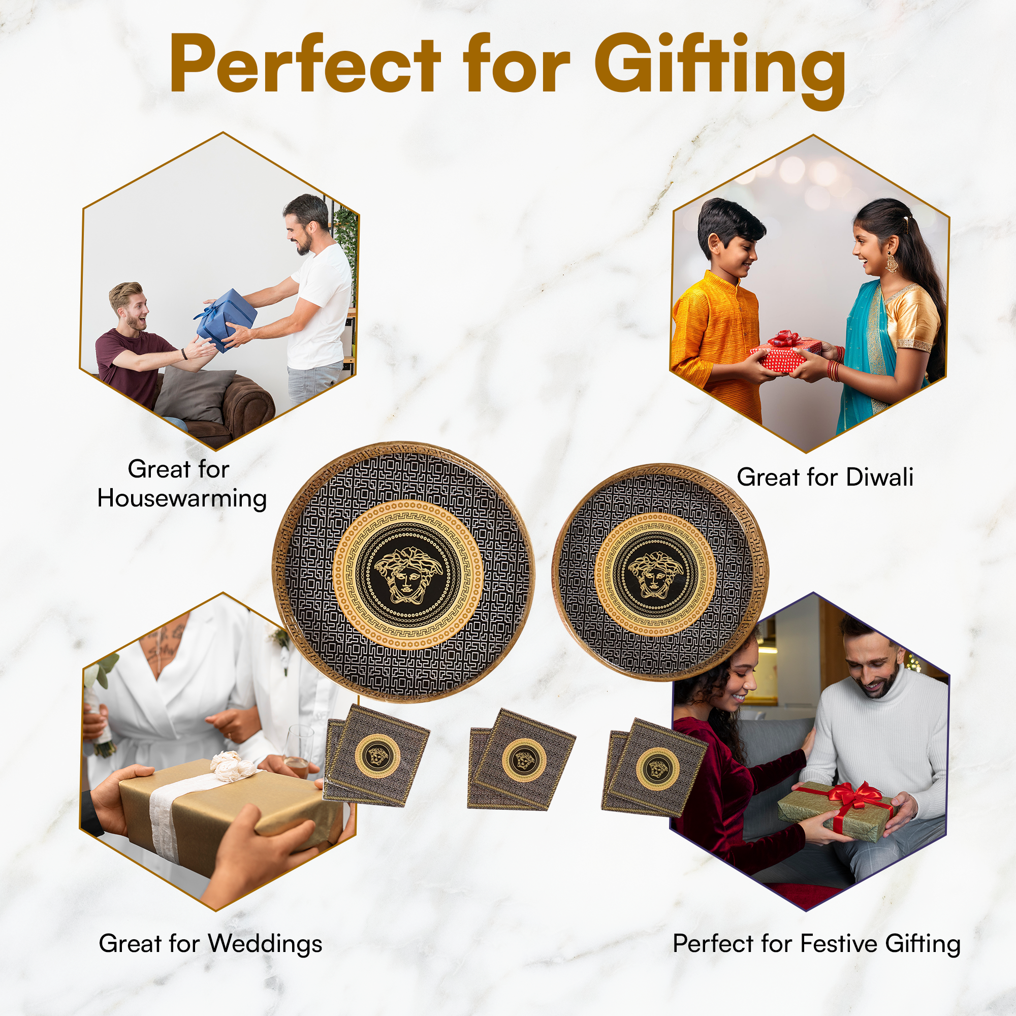 Orange Black Set of 2 Wooden Serving Trays with Coasters 12"& 14"