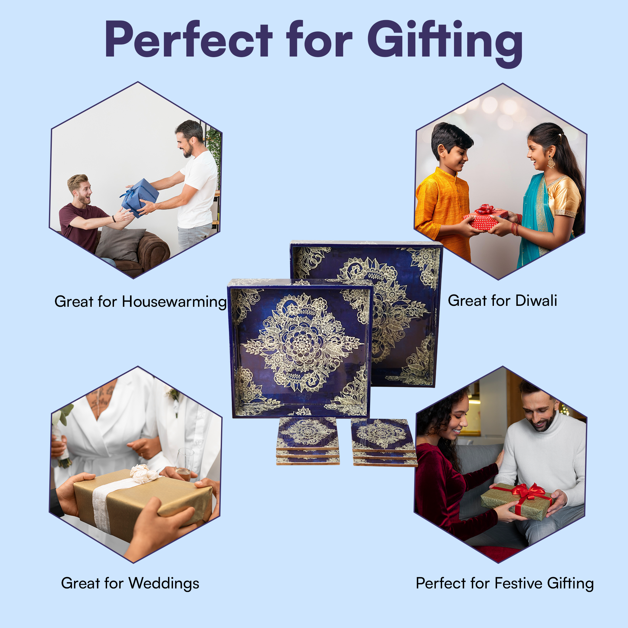 Magenta Set of 2 Wooden Serving Trays with Coasters 12"& 14"