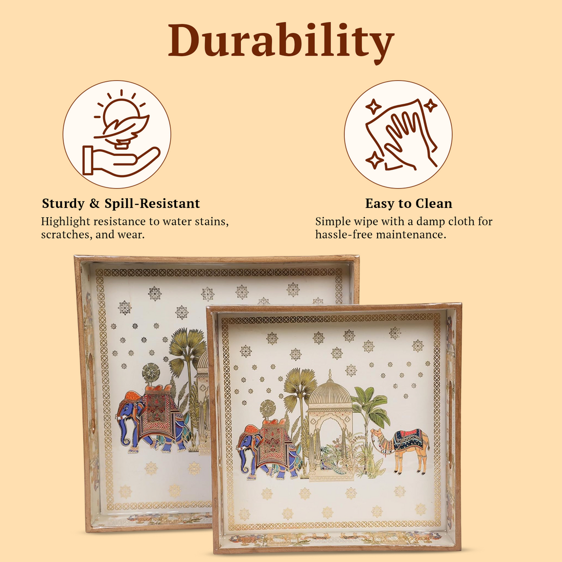 Amimashop® Camel Set of 2 Wooden Serving Trays 12"& 14"