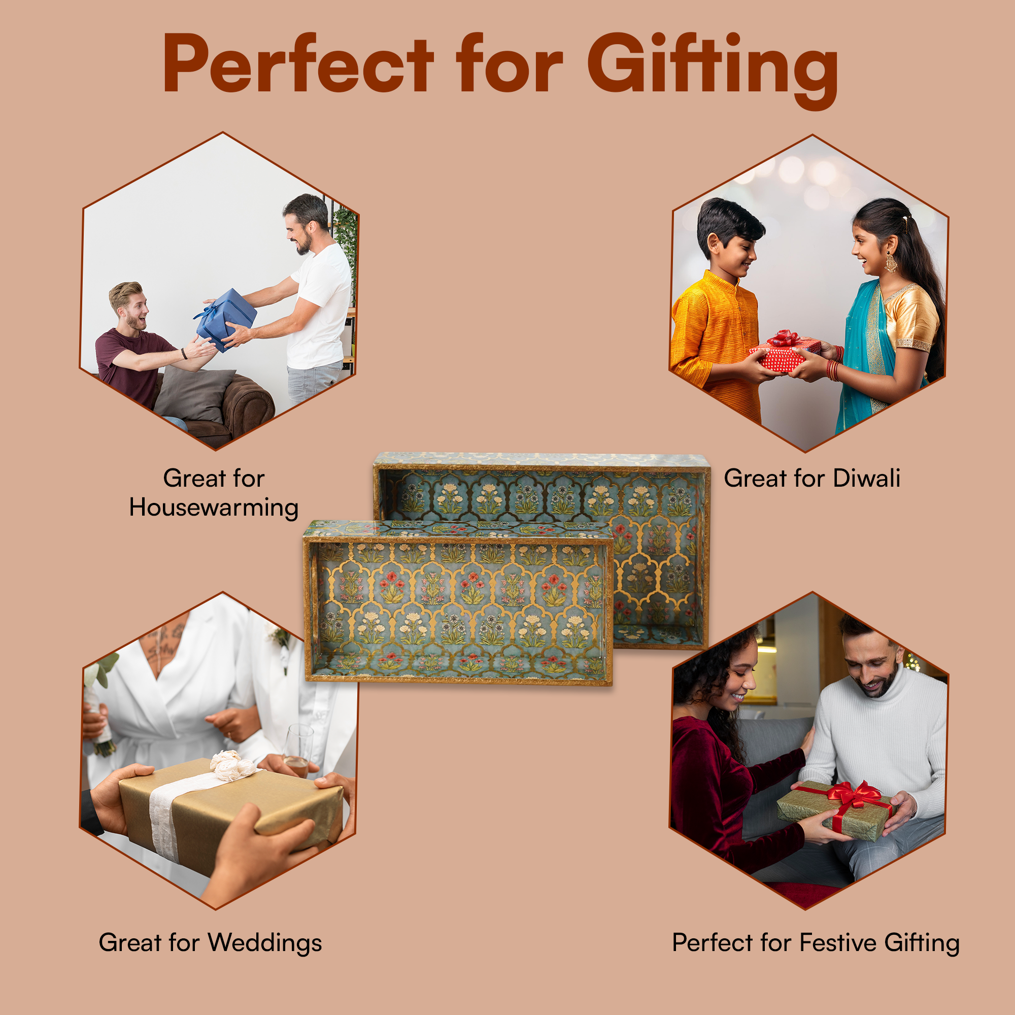 Green Flower Set of 2 Wooden Serving Trays (12" & 14") | Premium Rectangular Mango Wood Trays for Kitchen, Dining, Tea/Coffee & Breakfast | Handcrafted Decorative Wooden Tray Set for Home & Gifts