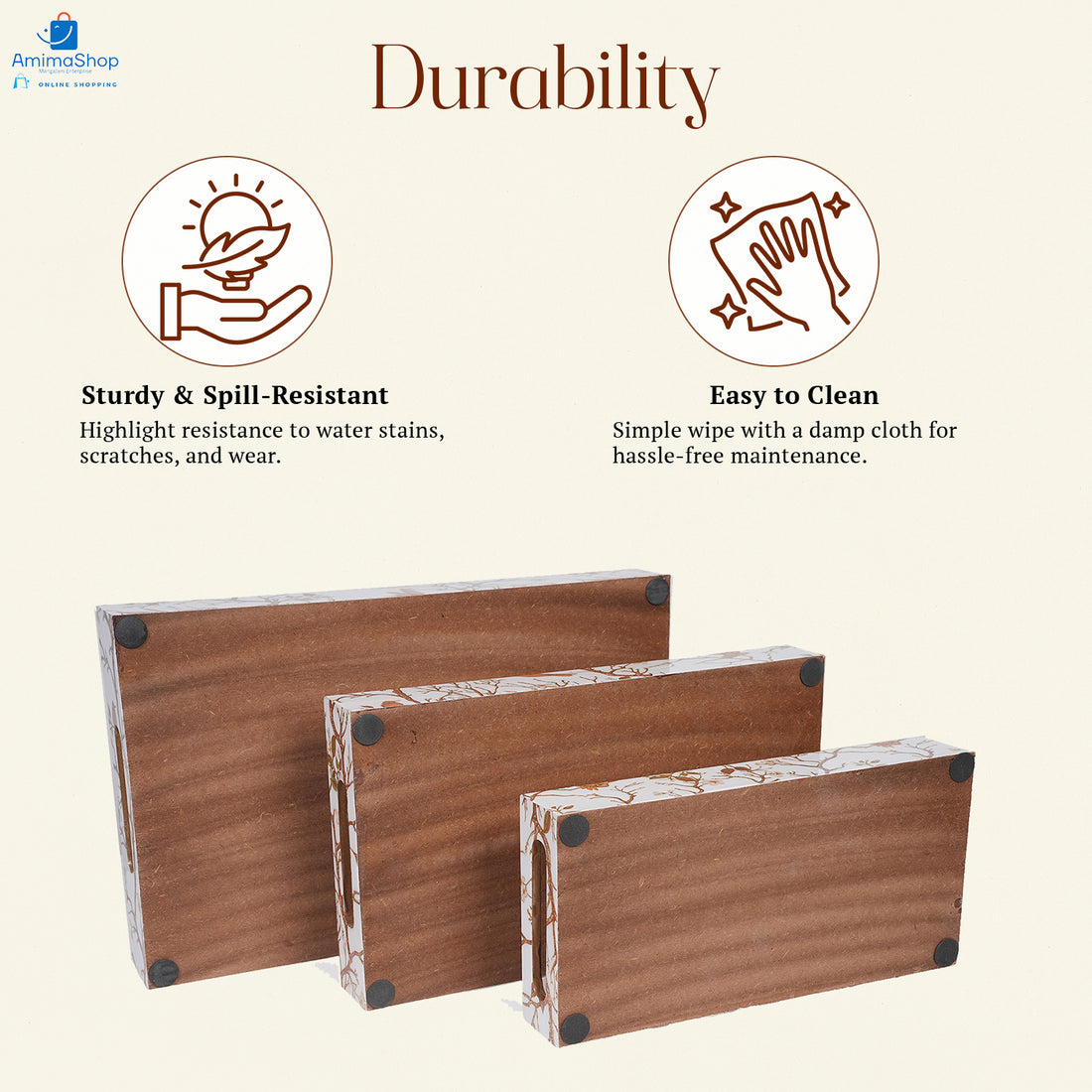Amimashop® Off White Set of 3 Rectangular Wooden Serving Trays 16", 14", 12"