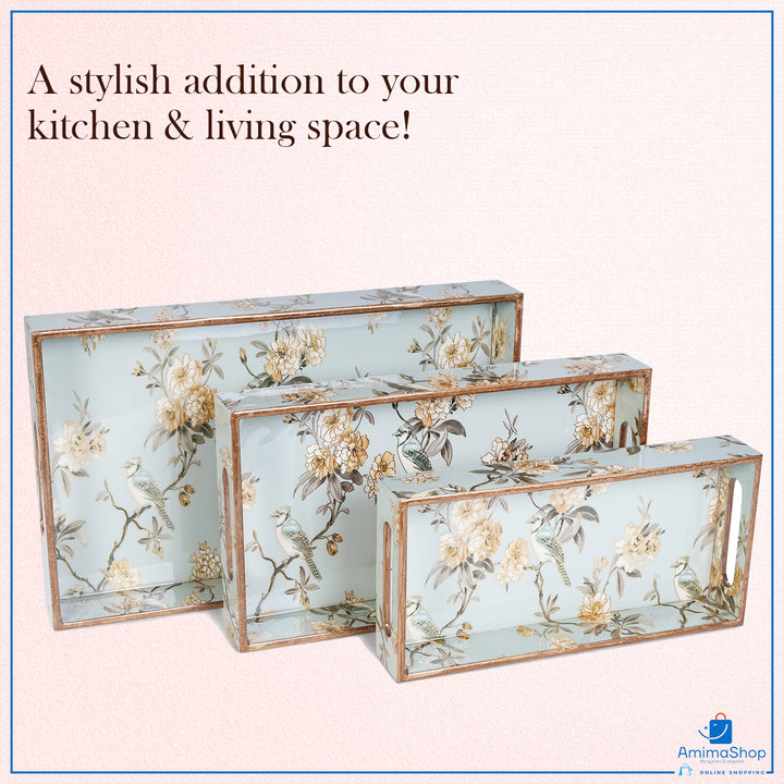 Light Green Set of 3 Rectangular Wooden Serving Trays 16", 14", 12"