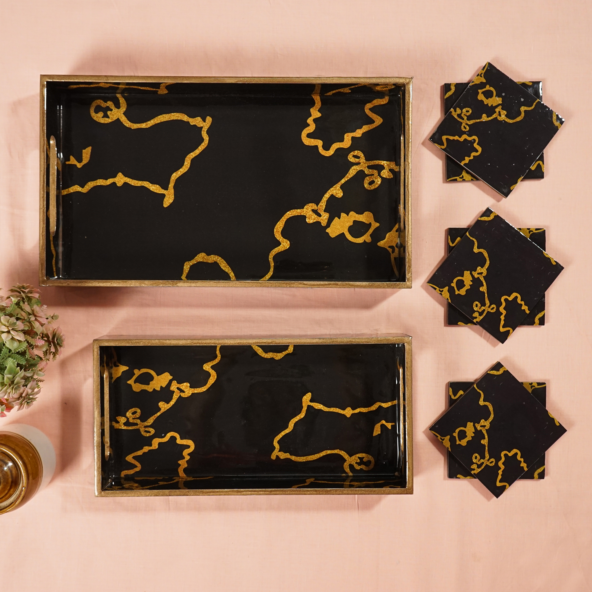 Mini Black Set of 2 Wooden Serving Trays with Coasters 12"& 14"