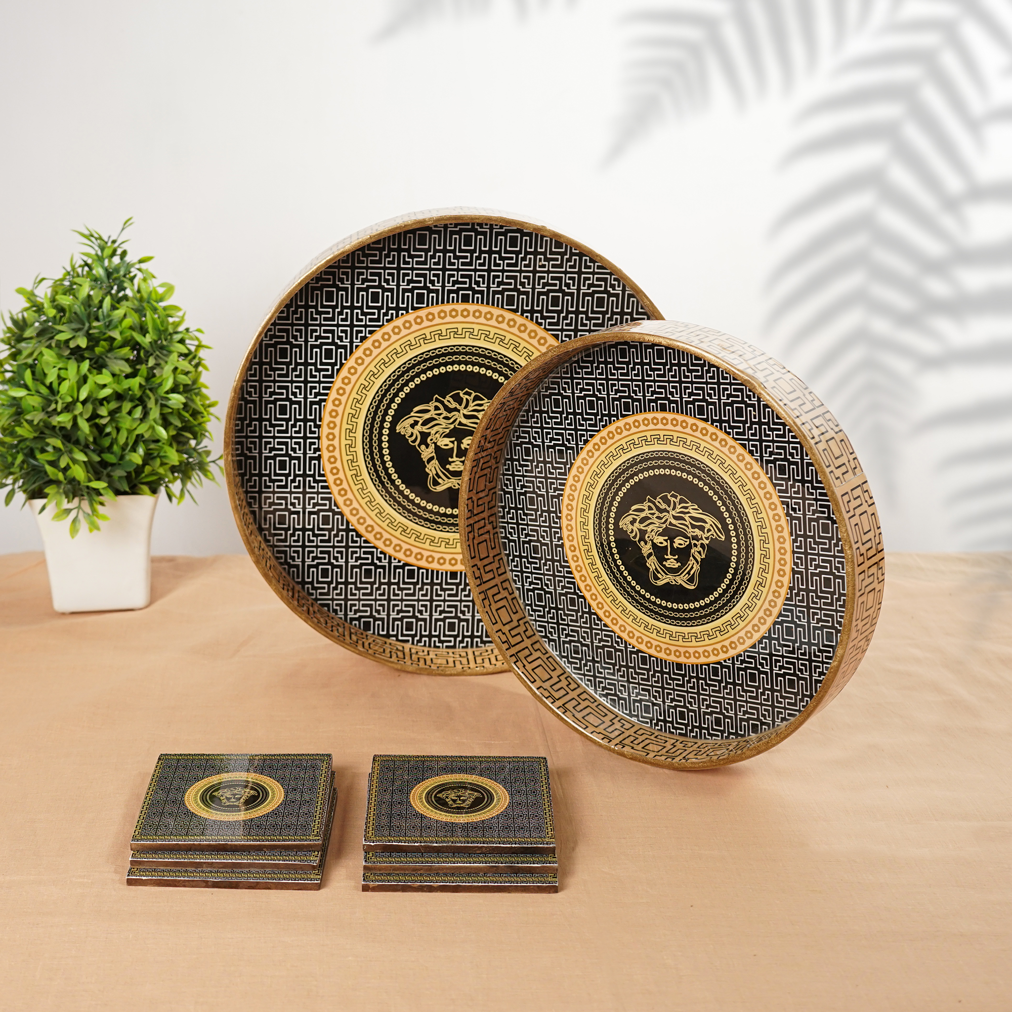 Orange Black Set of 2 Wooden Serving Trays with Coasters 12"& 14"