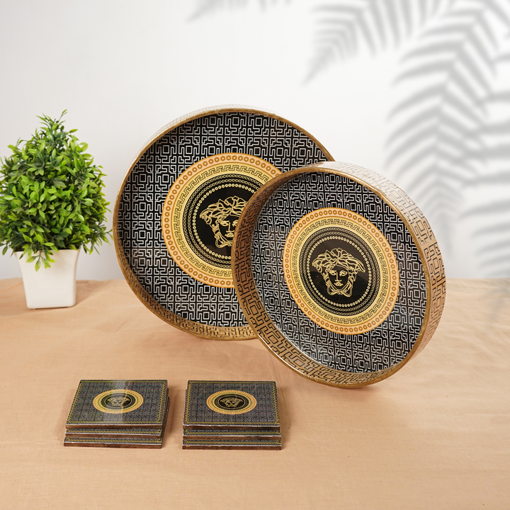 Amimashop® Orange Black Set of 2 Wooden Serving Trays with Coasters 12"& 14"