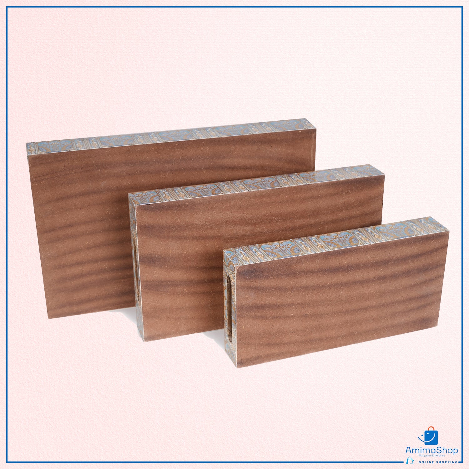 Amimashop® Peacock Set of 3 Rectangular Wooden Serving Trays 16", 14", 12"