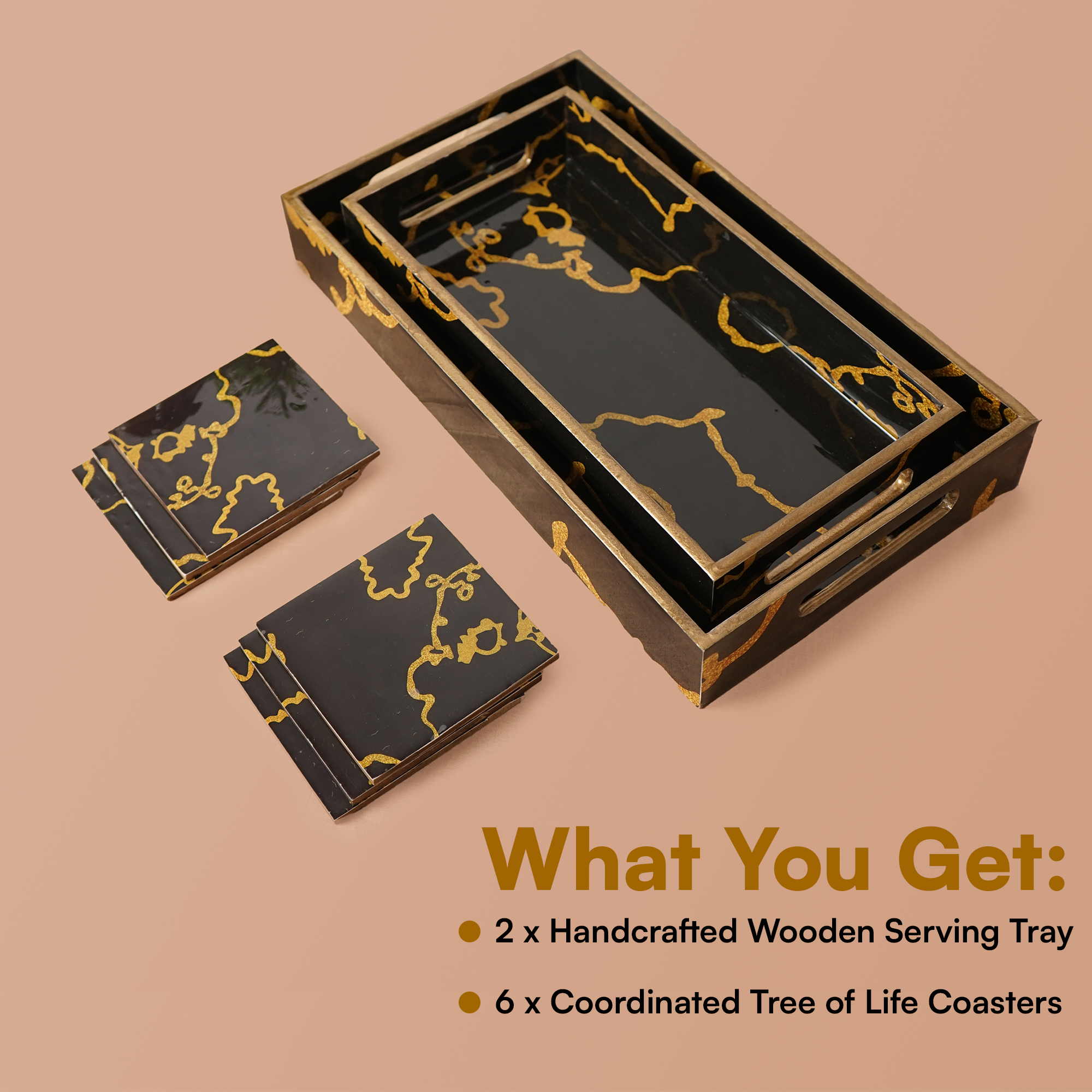 Mini Black Set of 2 Wooden Serving Trays with Coasters 12"& 14"