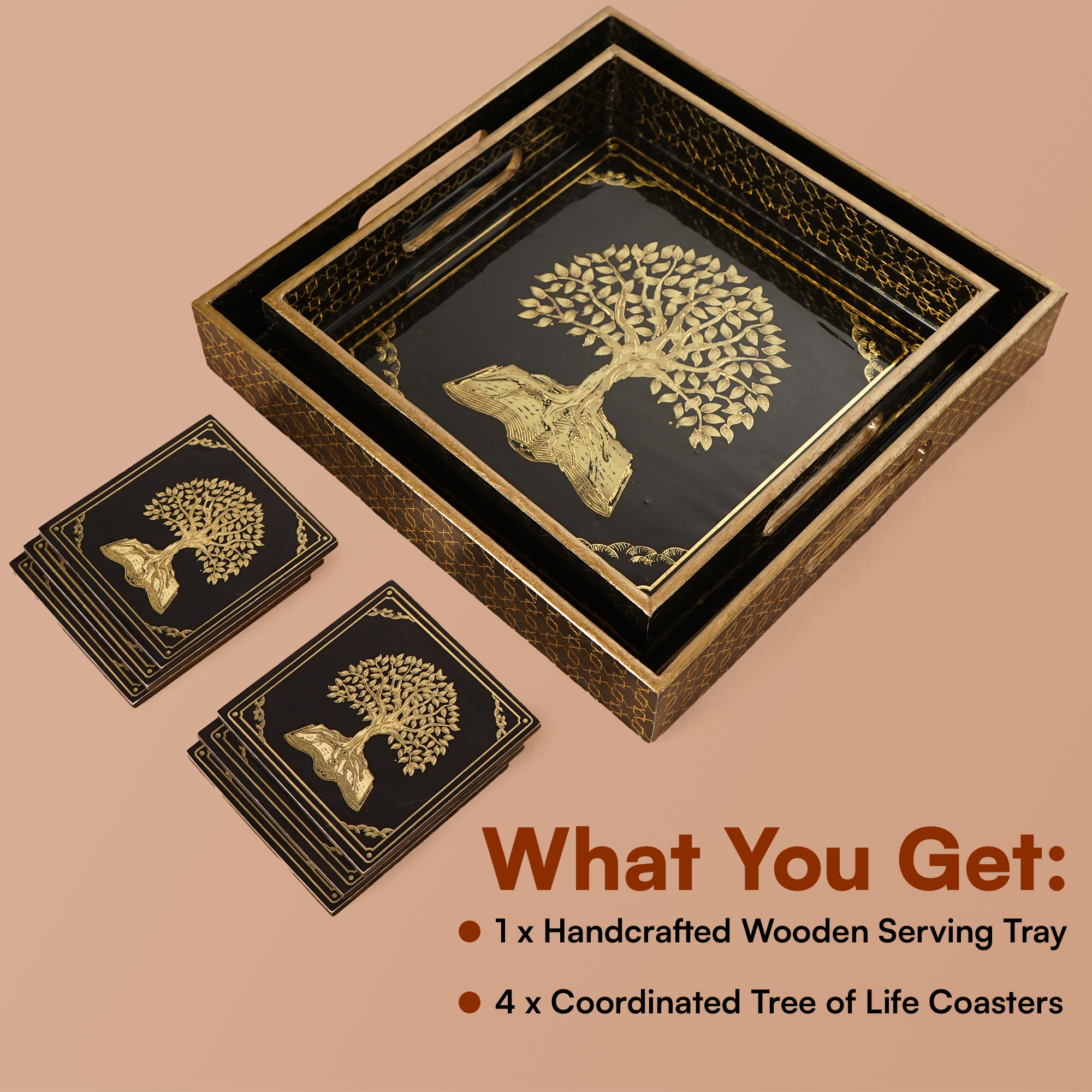 Black Set of 2 Wooden Serving Trays with Coasters 12"& 14"