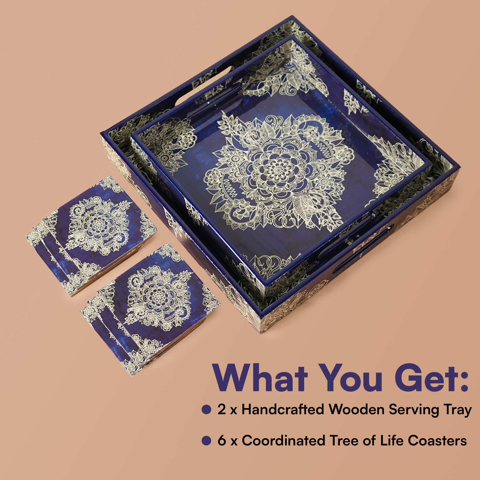 Magenta Set of 2 Wooden Serving Trays with Coasters 12"& 14"