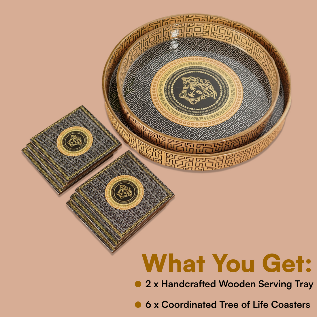 Amimashop® Orange Black Set of 2 Wooden Serving Trays with Coasters 12"& 14"