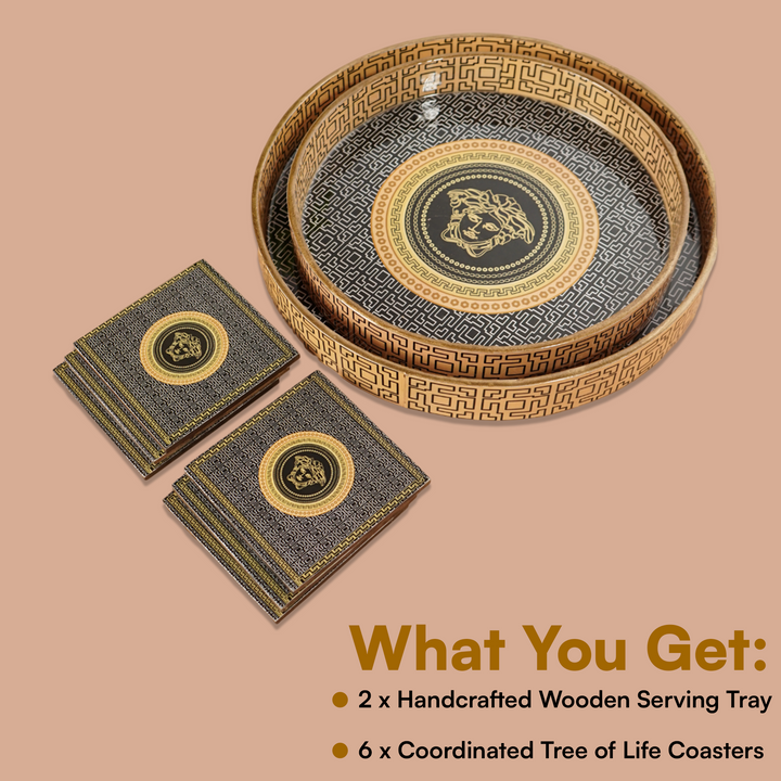 Orange Black Set of 2 Wooden Serving Trays with Coasters 12&quot;&amp; 14&quot;