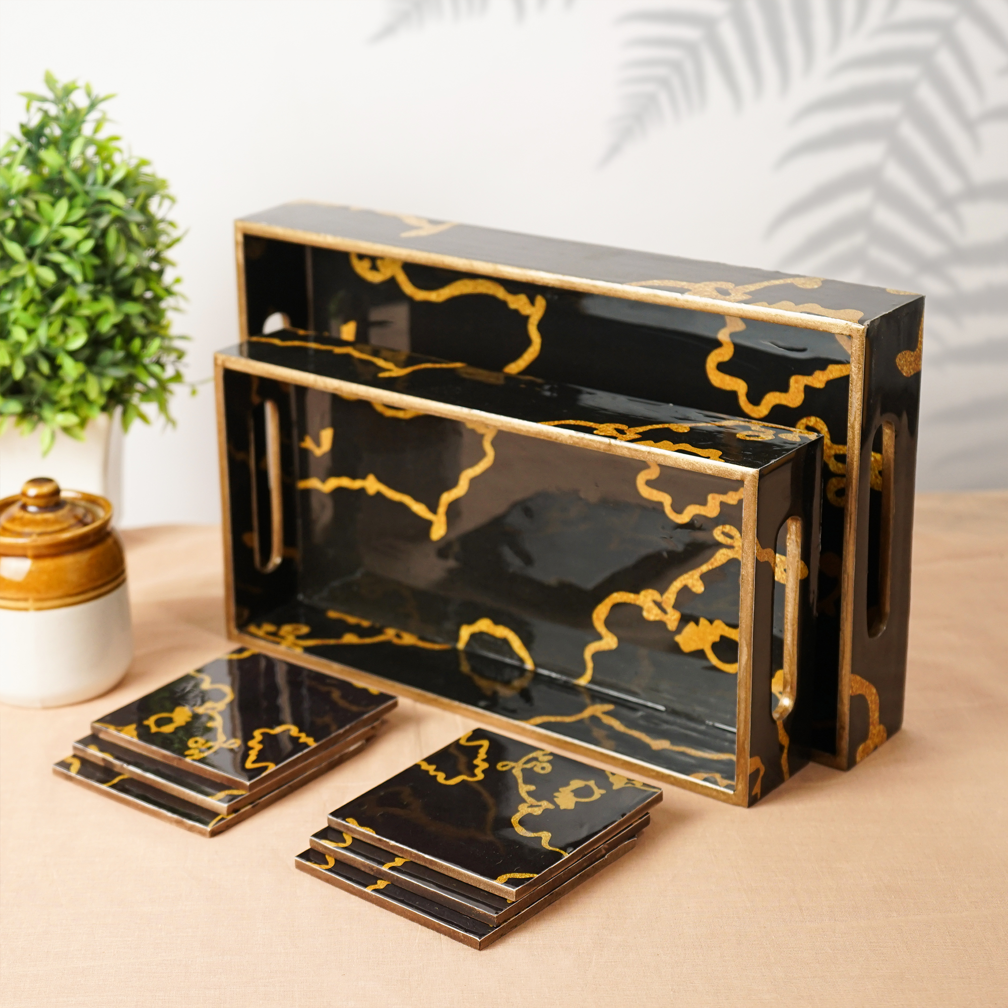 Mini Black Set of 2 Wooden Serving Trays with Coasters 12"& 14"