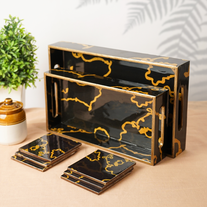 Mini Black Set of 2 Wooden Serving Trays with Coasters 12"& 14"