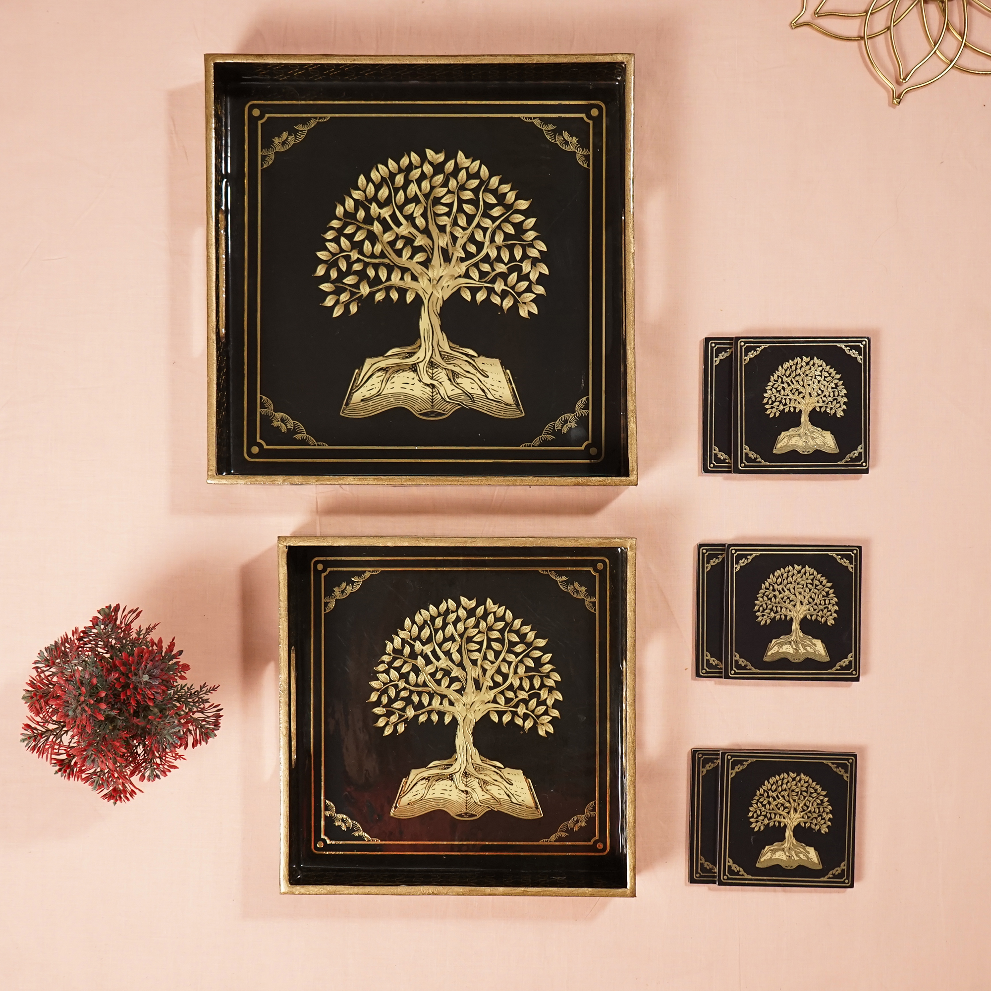 Black Set of 2 Wooden Serving Trays with Coasters 12"& 14"