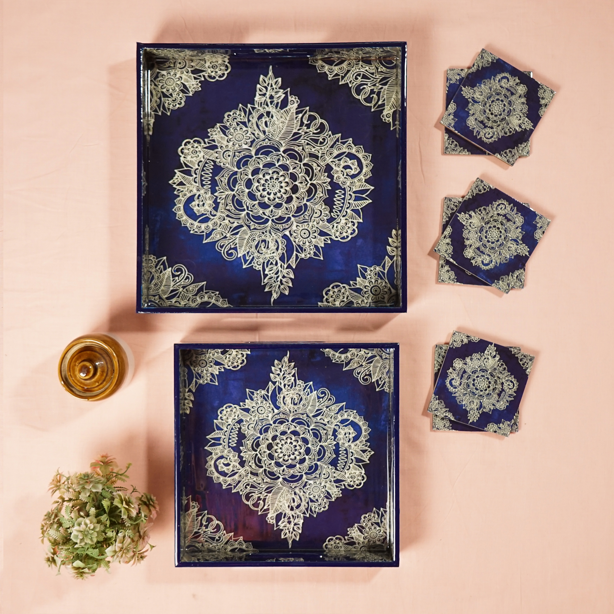 Magenta Set of 2 Wooden Serving Trays with Coasters 12"& 14"