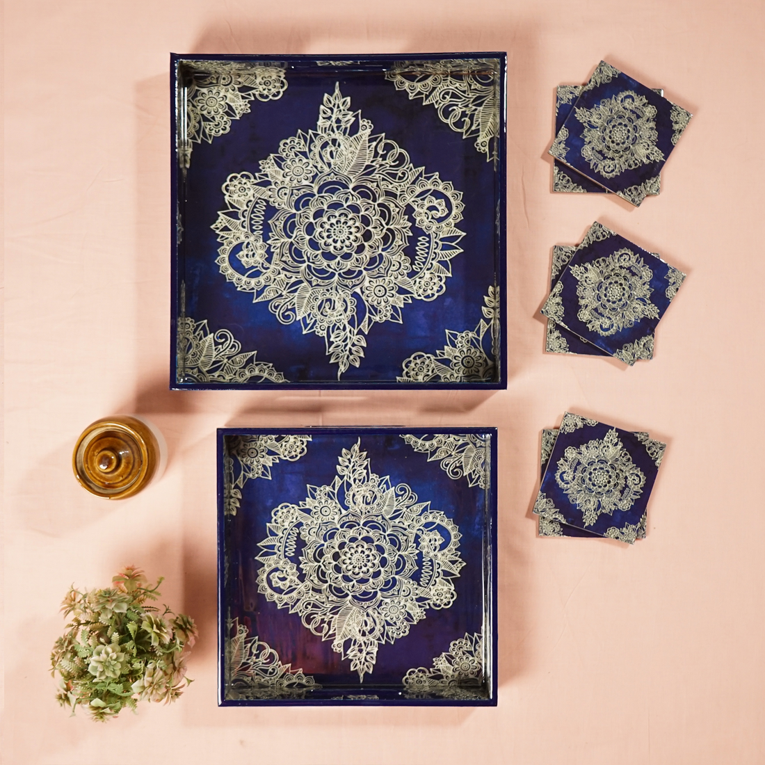 Amimashop® Magenta Set of 2 Wooden Serving Trays with Coasters 12"& 14"