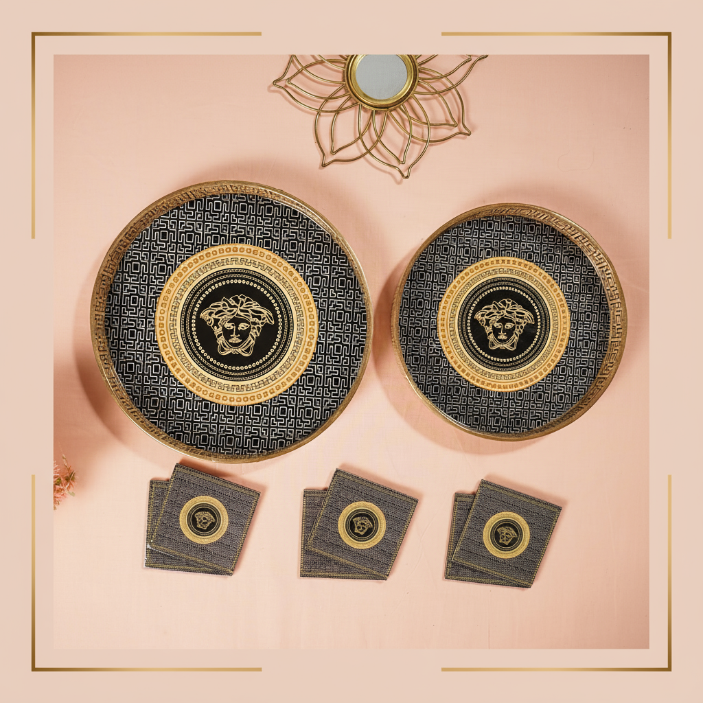 Orange Black Set of 2 Wooden Serving Trays with Coasters 12"& 14"