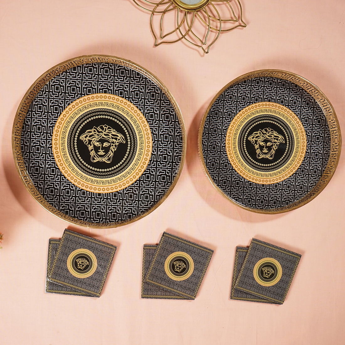 Amimashop® Orange Black Set of 2 Wooden Serving Trays with Coasters 12"& 14"