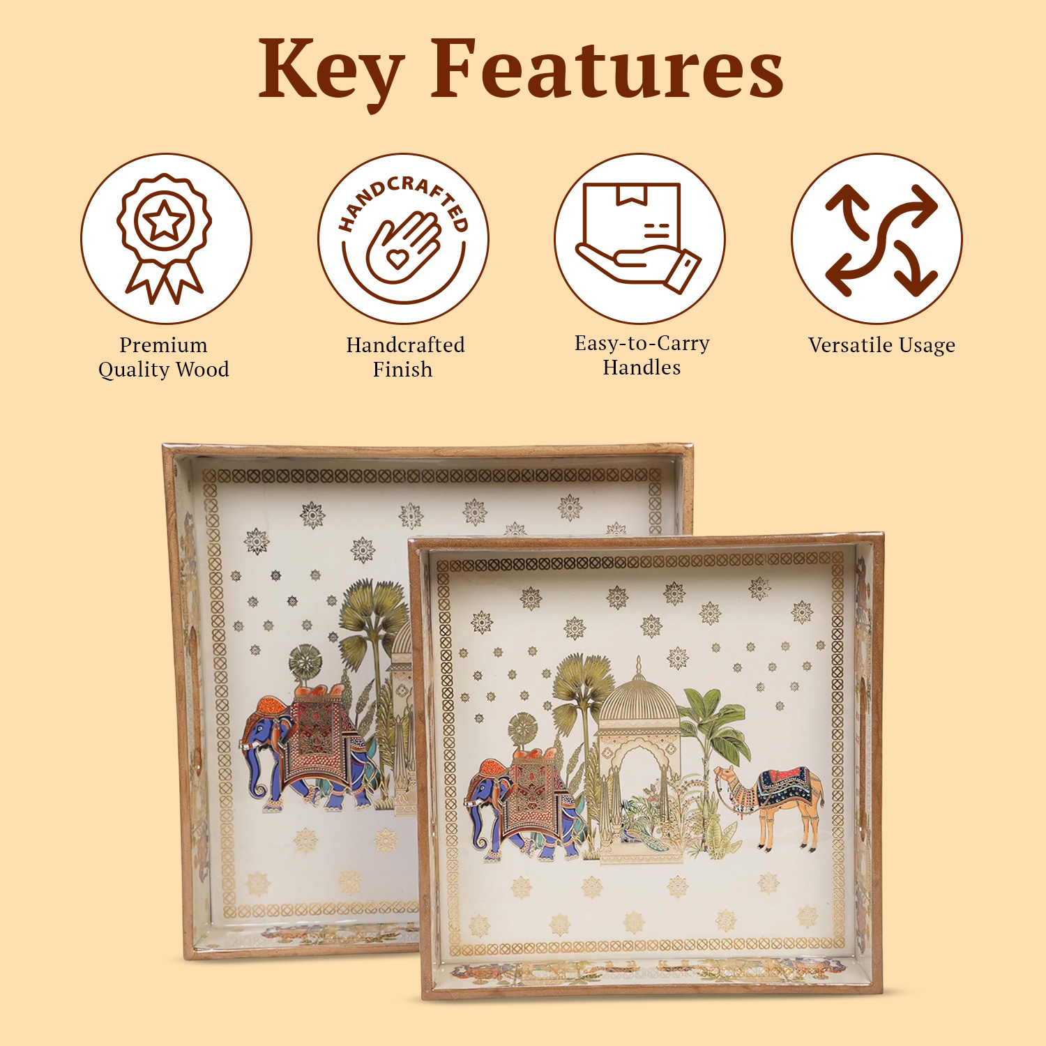 Set of 2 Wooden Serving Trays with Gold Engraving