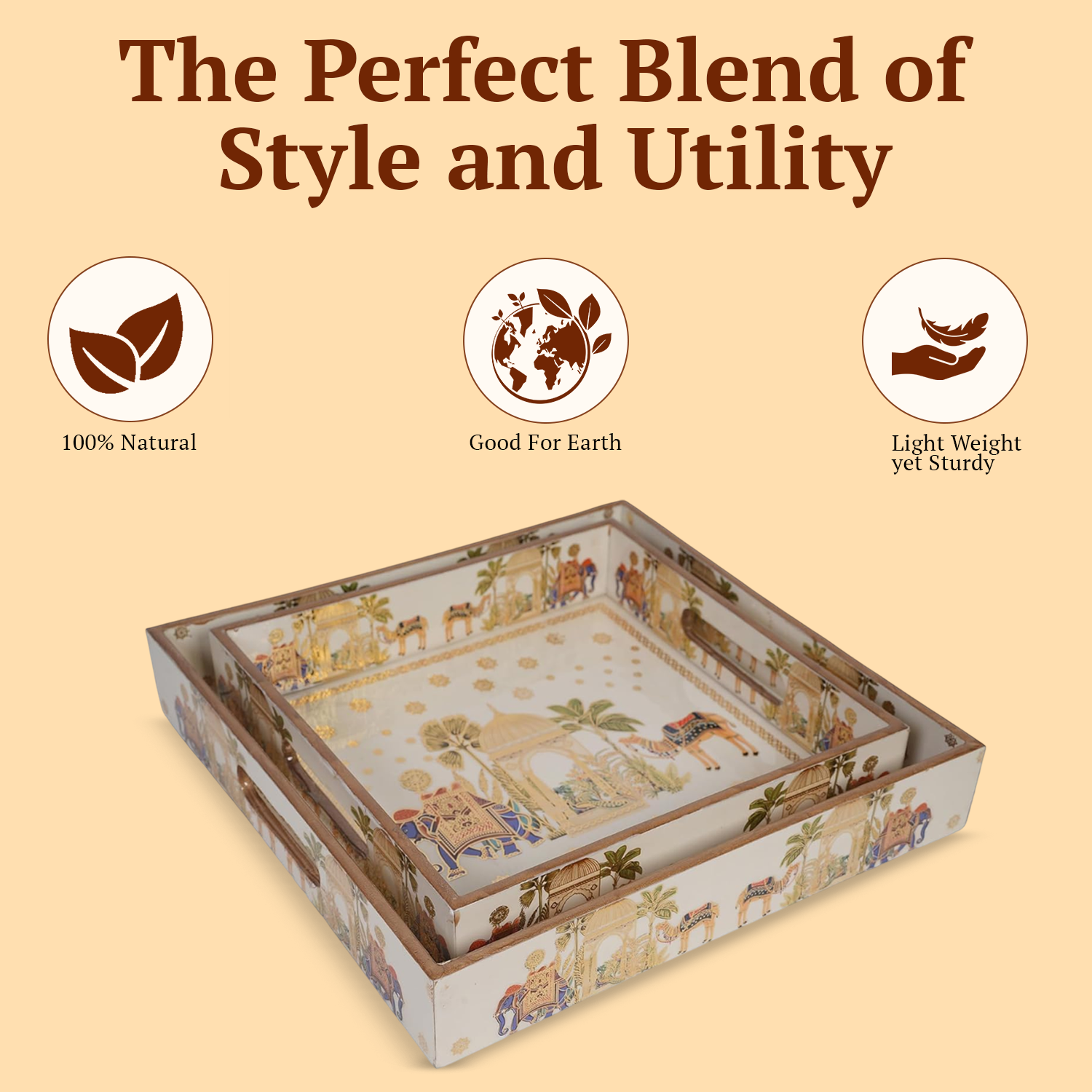 Set of 2 Wooden Serving Trays with Gold Engraving