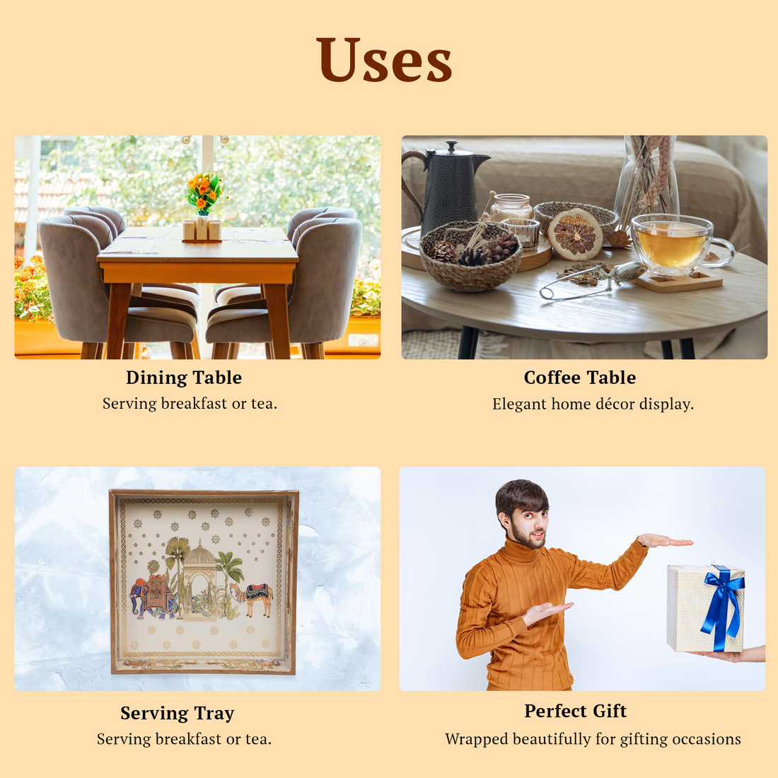 Set of 2 Wooden Serving Trays with Gold Engraving