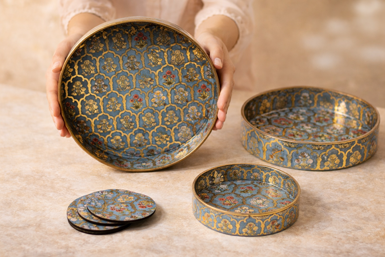 Set of 3 Round Wooden Serving Trays with Matching Coasters | Multipurpose Tea Coffee Snacks Serving Trays for Kitchen Dining Table Home Decor | Large 12 Medium 10 Small 8 Inch Green