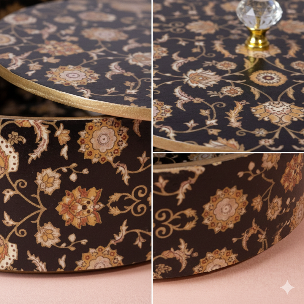 Wooden Casserole 2 Litre | Handcrafted Wooden Serving Bowl with Lid | Black Gold Design Hot Pot for Kitchen & Dining (Size 9x9x4 Inches)