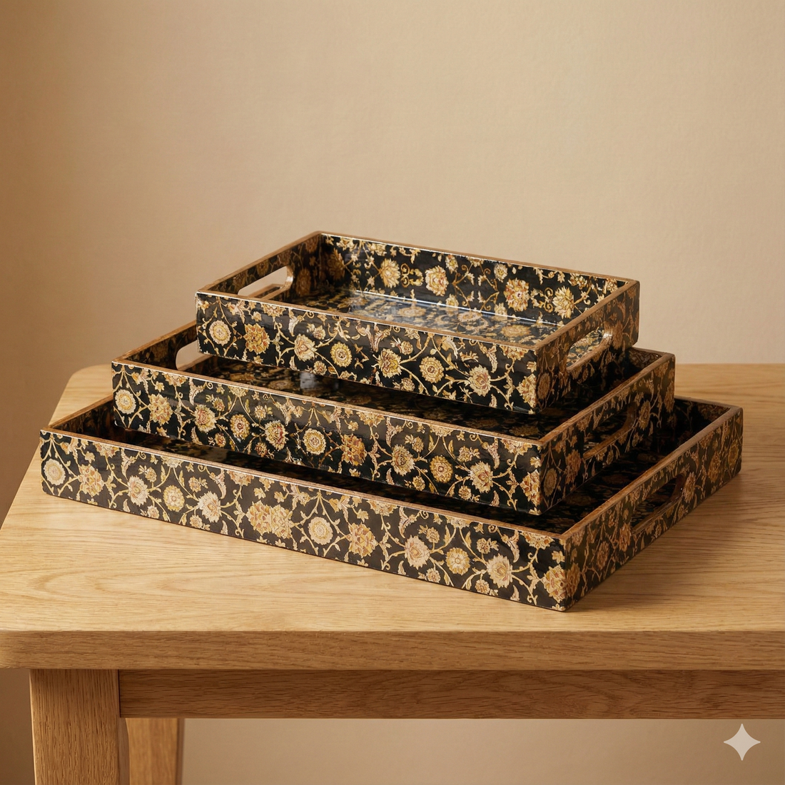 Black Design Set of 3 Rectangular Wooden Serving Trays (16", 14", 12") | Premium Mango Wood Tray Set for Kitchen, Dining, Tea/Coffee, Breakfast & Home Décor | Handcrafted Decorative Wooden Trays for Gift & Serving